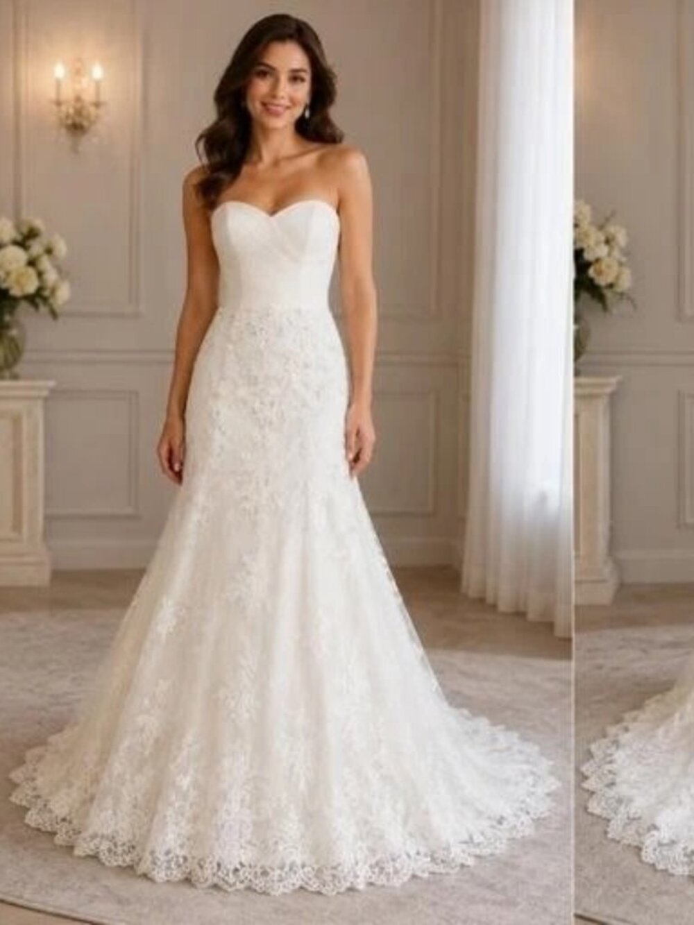 Demetrios Ivory Lace Embroidered Beaded Strapless Wedding Gown